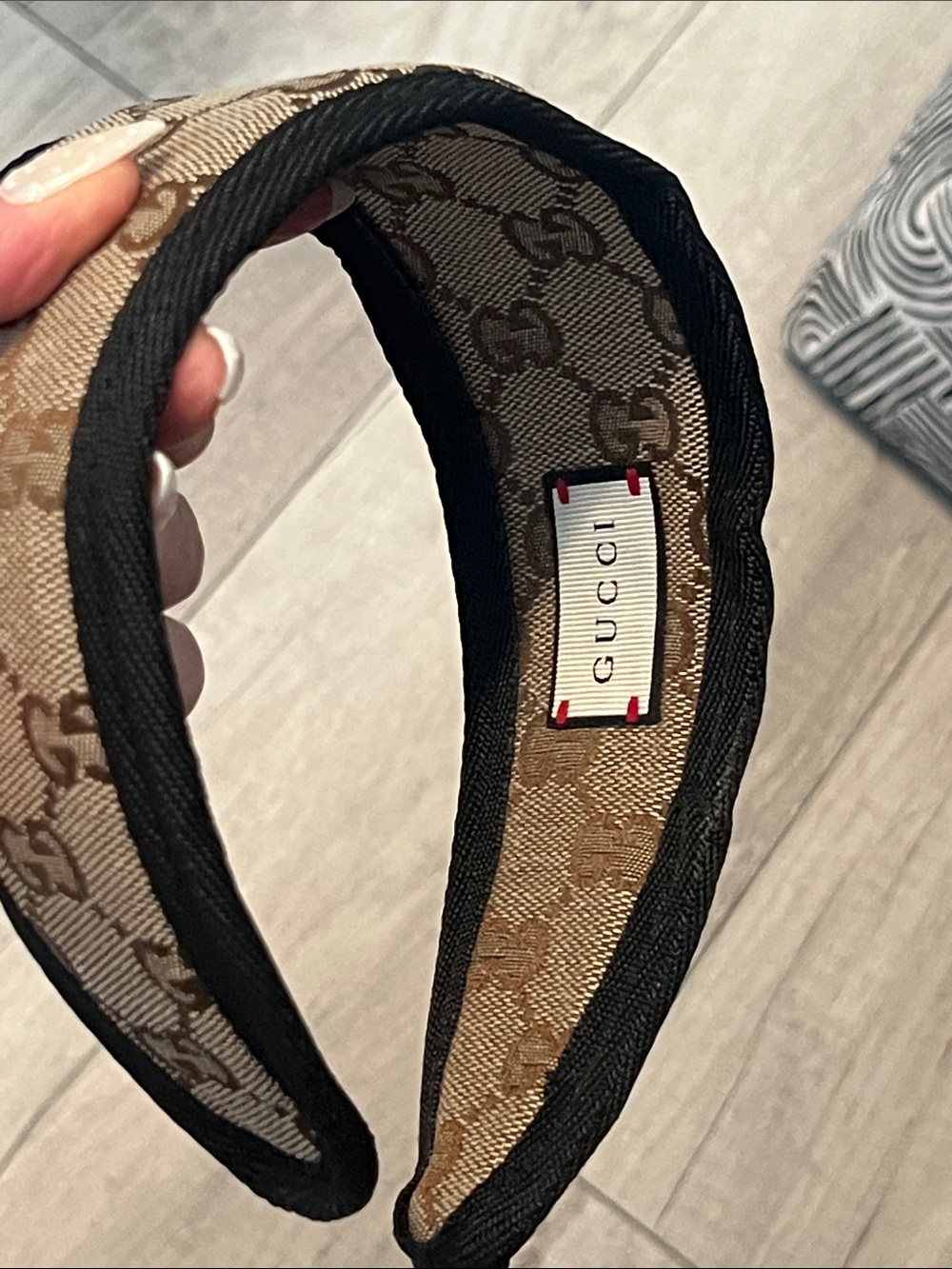 Beige Monogram Headband with Black Trim